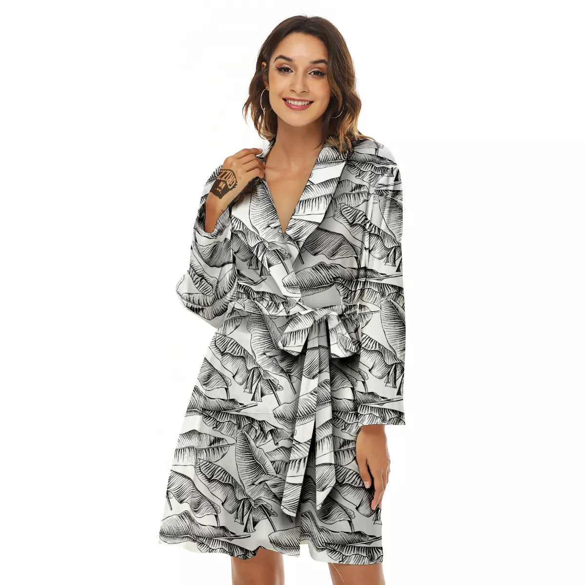 Banana Leaf White And Black Print Women's Robe-grizzshop