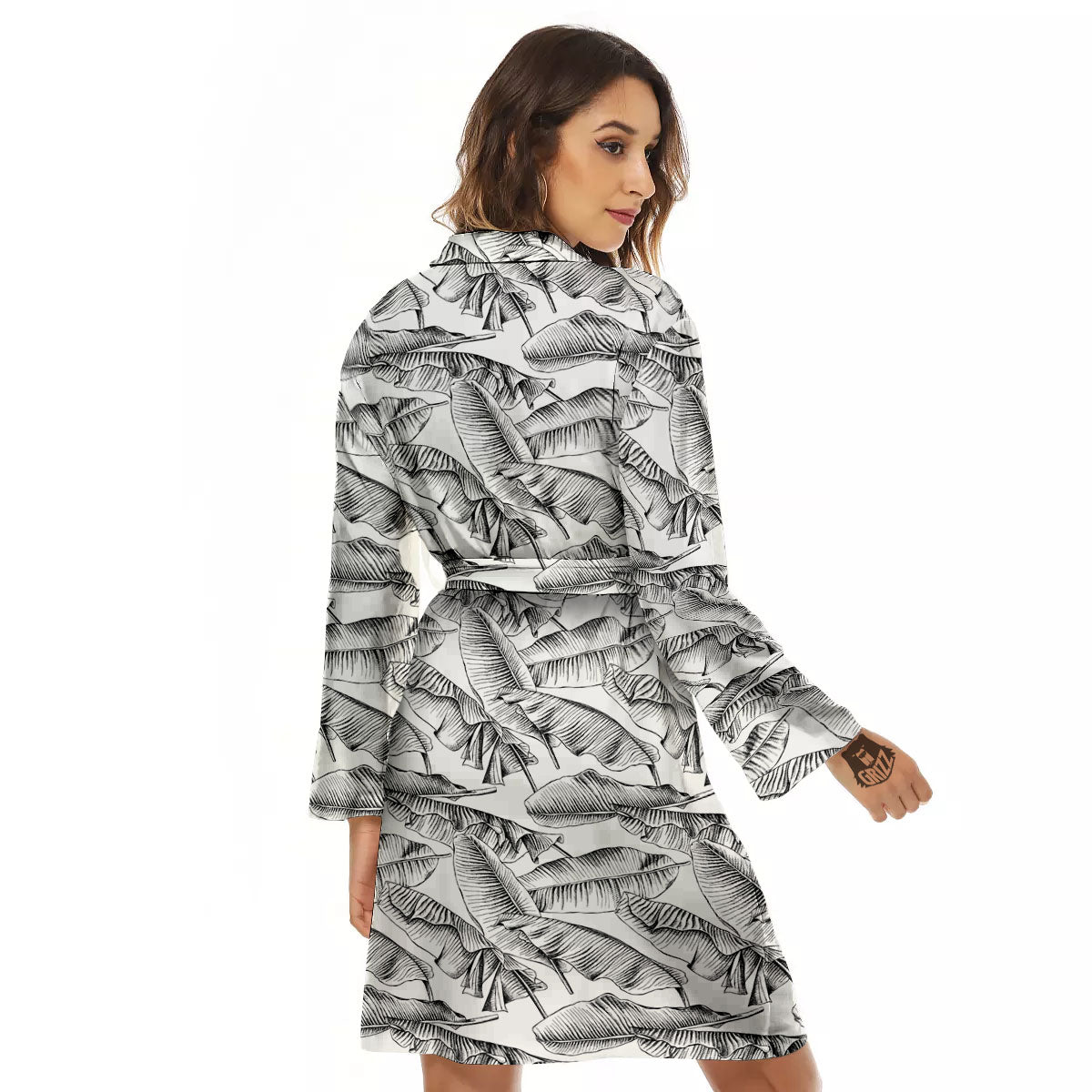 Banana Leaf White And Black Print Women's Robe-grizzshop