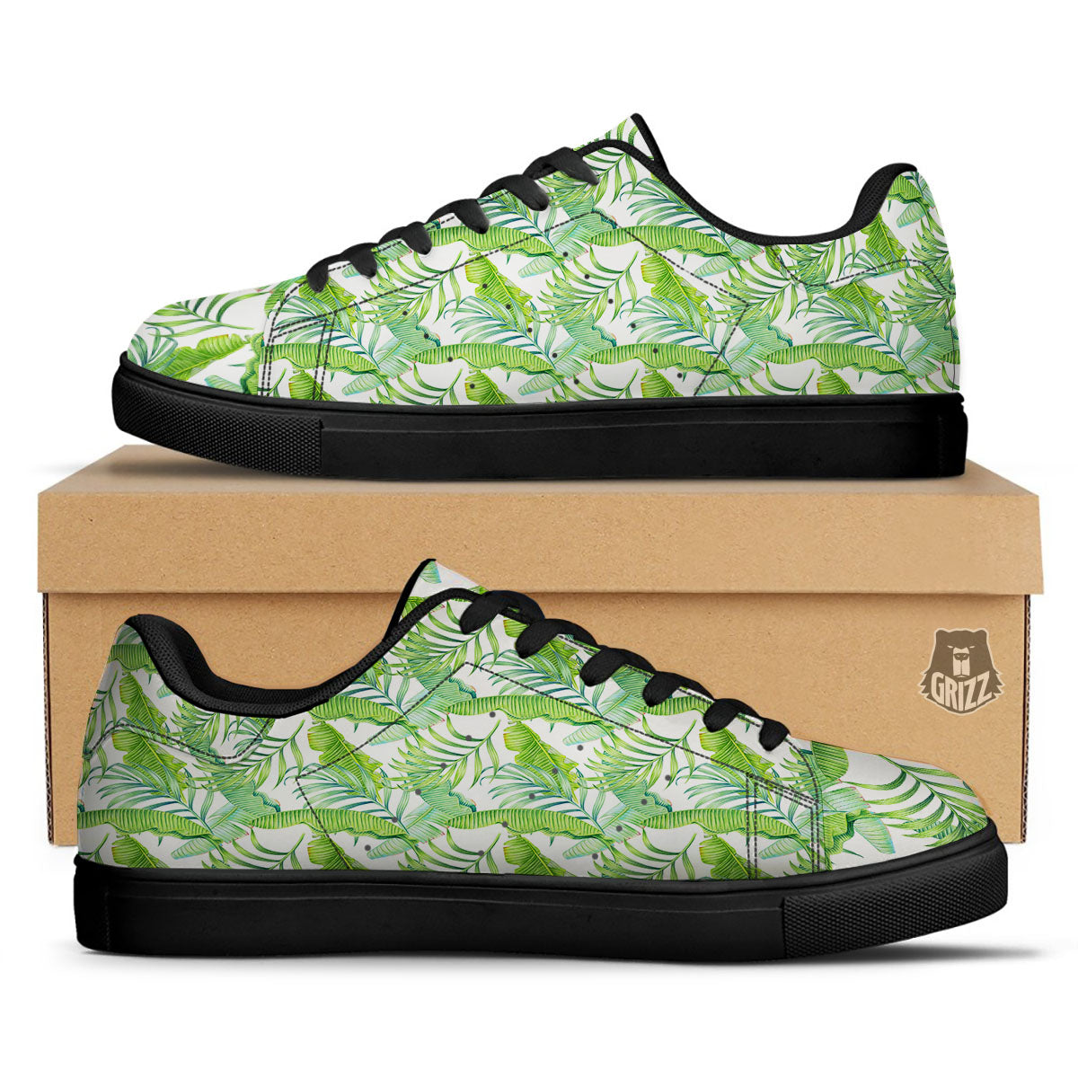 Banana Leave Palm Tree Print Pattern Black Low Top Sneakers-grizzshop