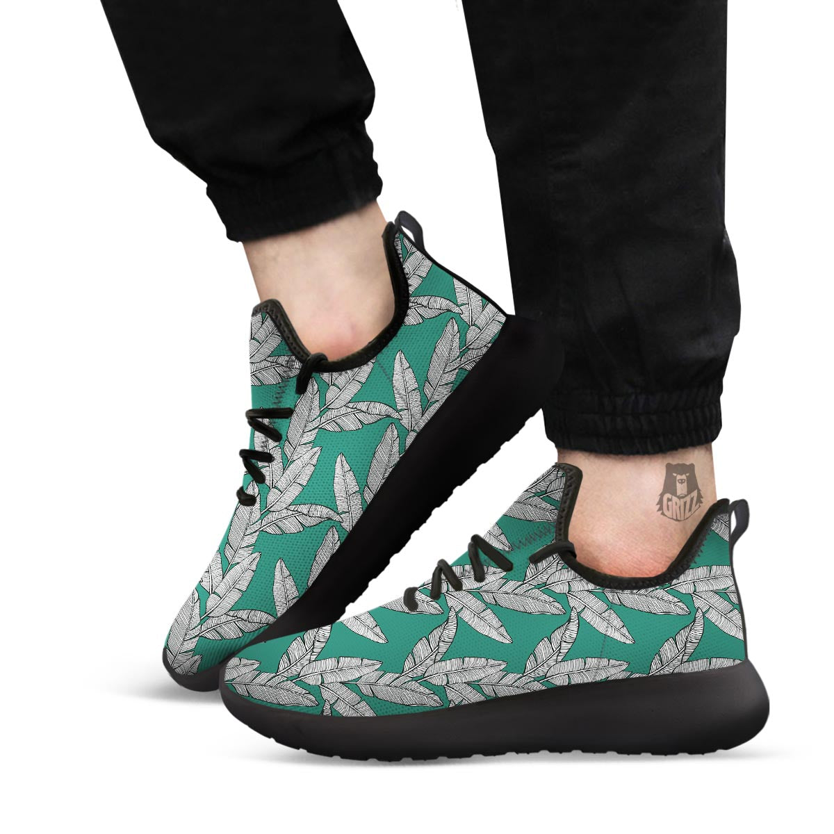 Banana Leaves Teal Print Pattern Black Athletic Shoes-grizzshop