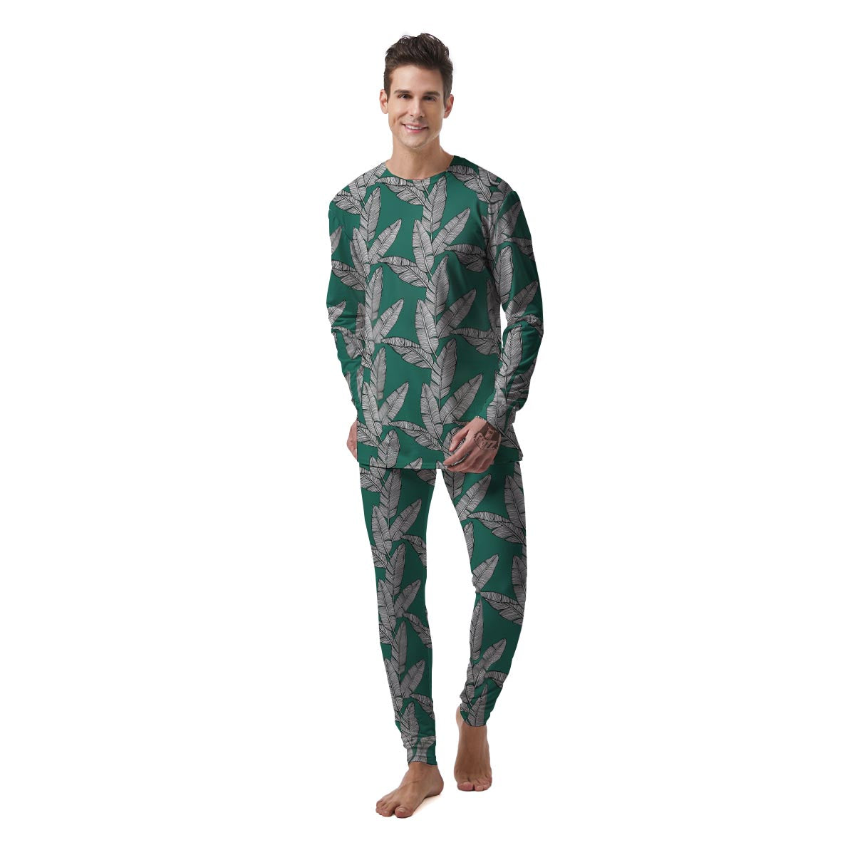 Banana Leaves Teal Print Pattern Men's Pajamas-grizzshop