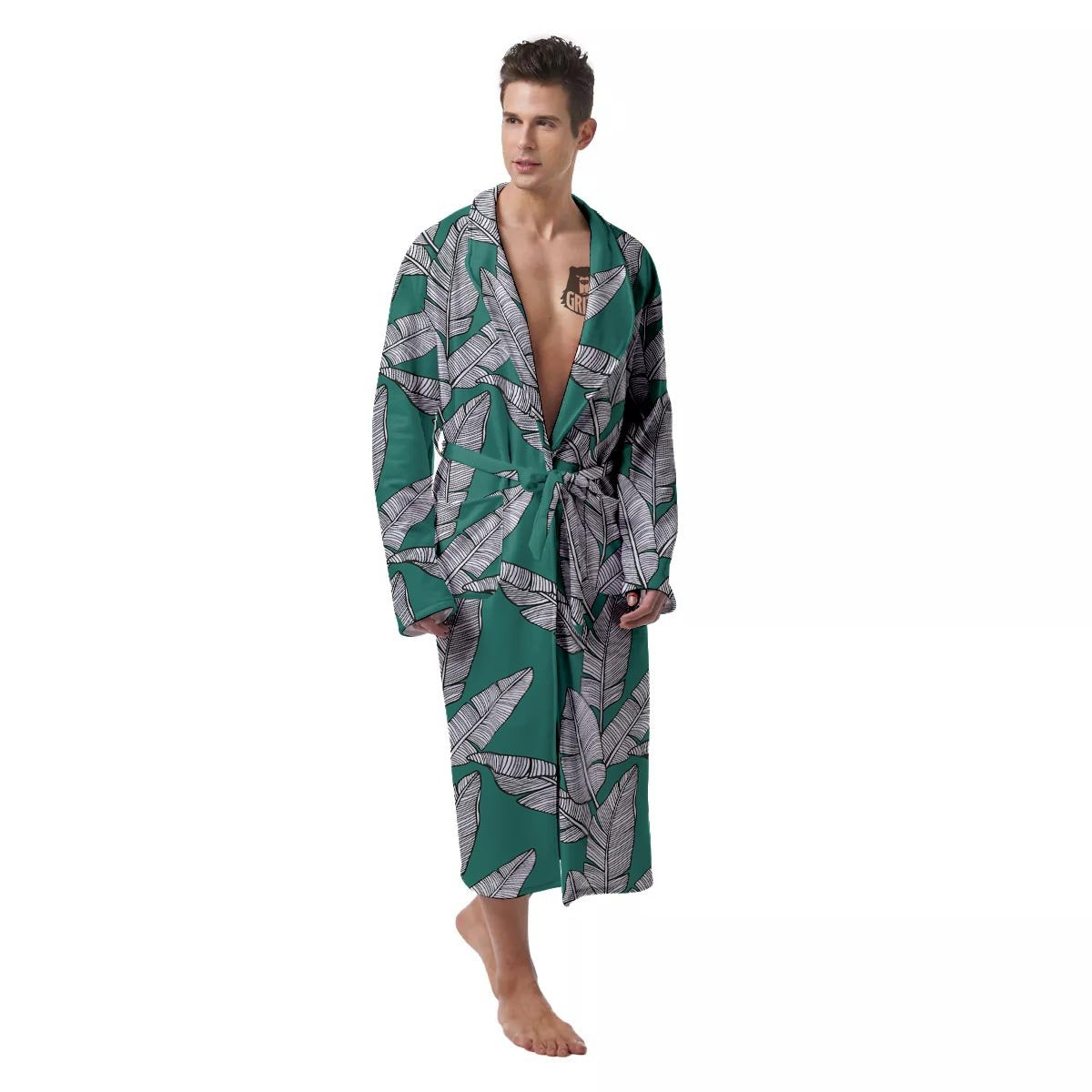 Banana Leaves Teal Print Pattern Men's Robe-grizzshop