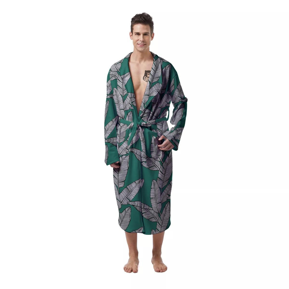 Banana Leaves Teal Print Pattern Men's Robe-grizzshop