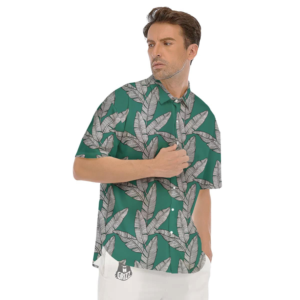 Banana Leaves Teal Print Pattern Men's Short Sleeve Shirts-grizzshop