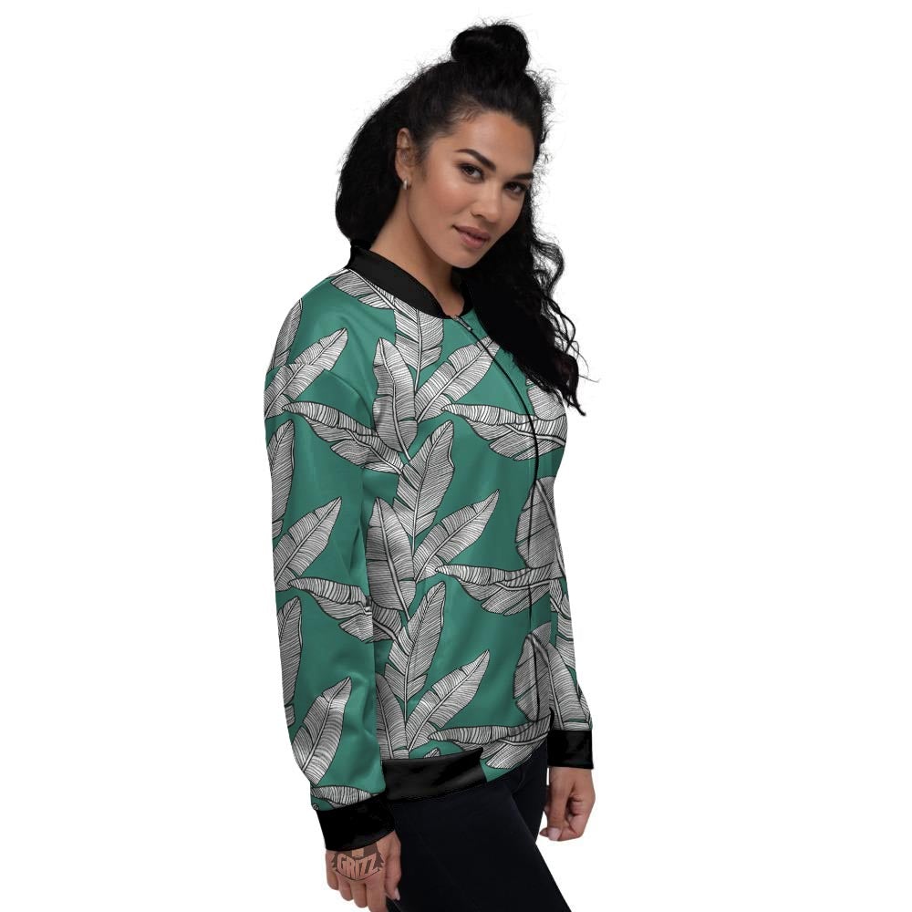 Banana Leaves Teal Print Pattern Women's Bomber Jacket-grizzshop