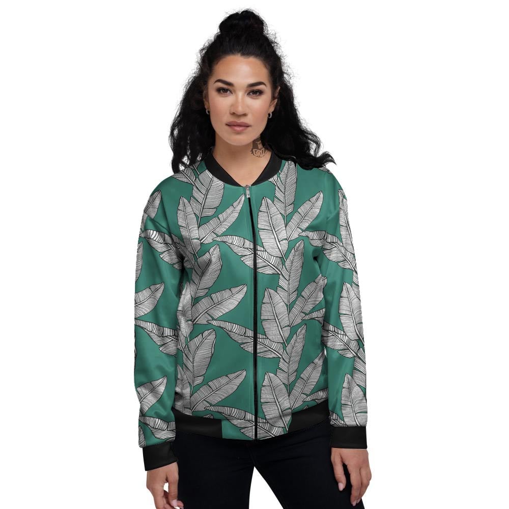 Banana Leaves Teal Print Pattern Women's Bomber Jacket-grizzshop