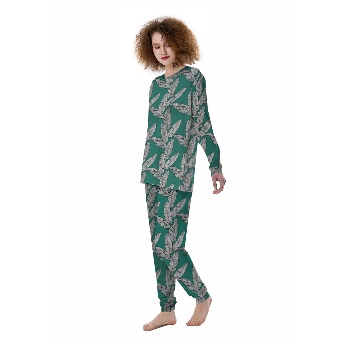 Banana Leaves Teal Print Pattern Women's Pajamas-grizzshop