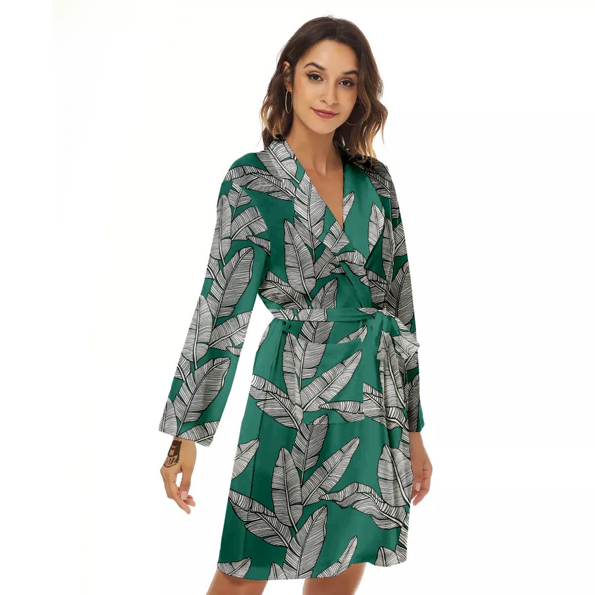 Banana Leaves Teal Print Pattern Women's Robe-grizzshop