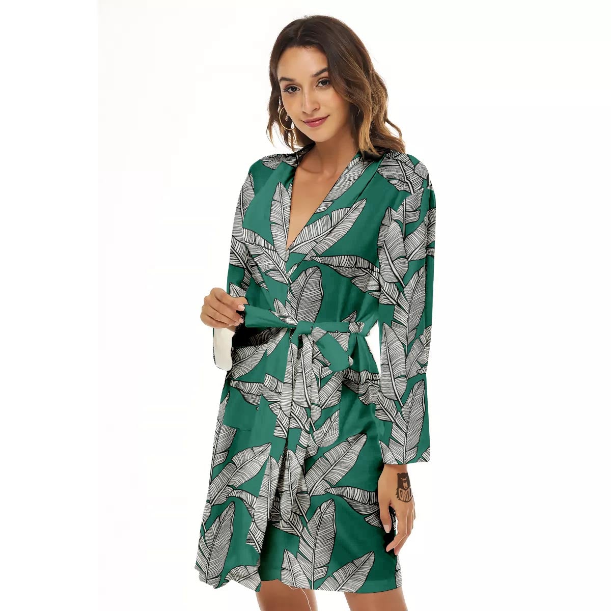 Banana Leaves Teal Print Pattern Women's Robe-grizzshop