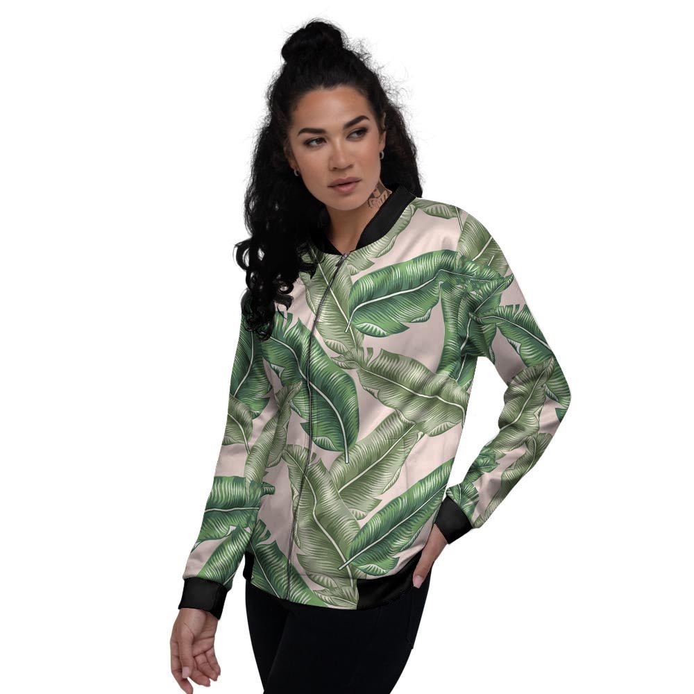 Banana Leaves Tropical Print Pattern Women's Bomber Jacket-grizzshop