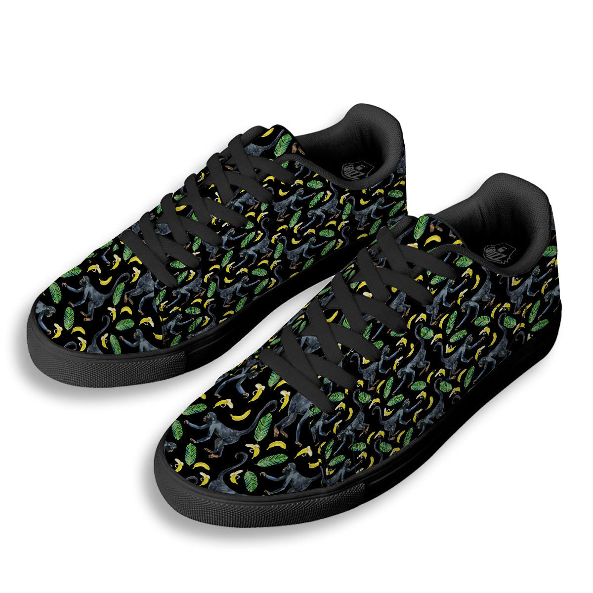 Banana Monkey Pattern Pattern Black Low Top Sneakers-grizzshop