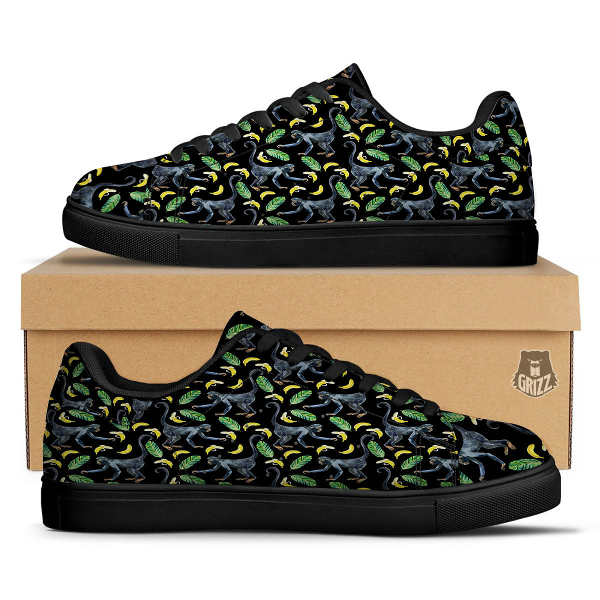 Banana Monkey Pattern Pattern Black Low Top Sneakers-grizzshop