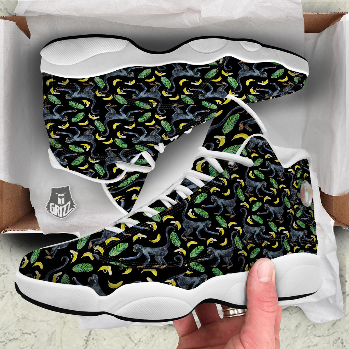 Banana Monkey Pattern Pattern White Basketball Shoes-grizzshop
