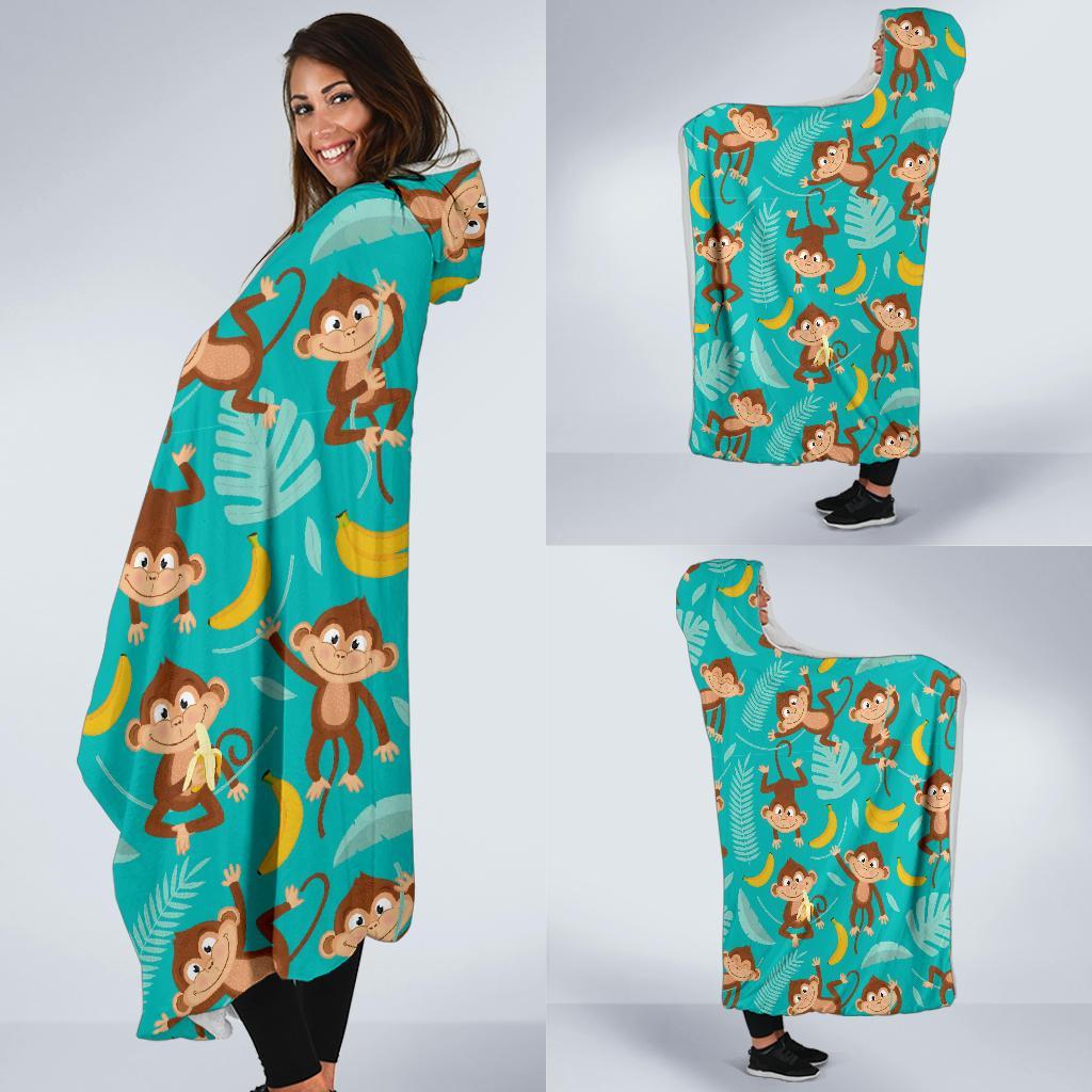 Banana Monkey Pattern Print Hooded Blanket-grizzshop