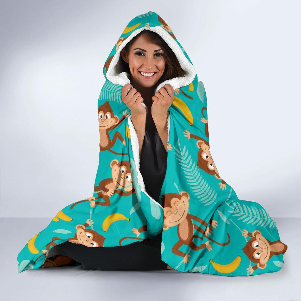 Banana Monkey Pattern Print Hooded Blanket-grizzshop