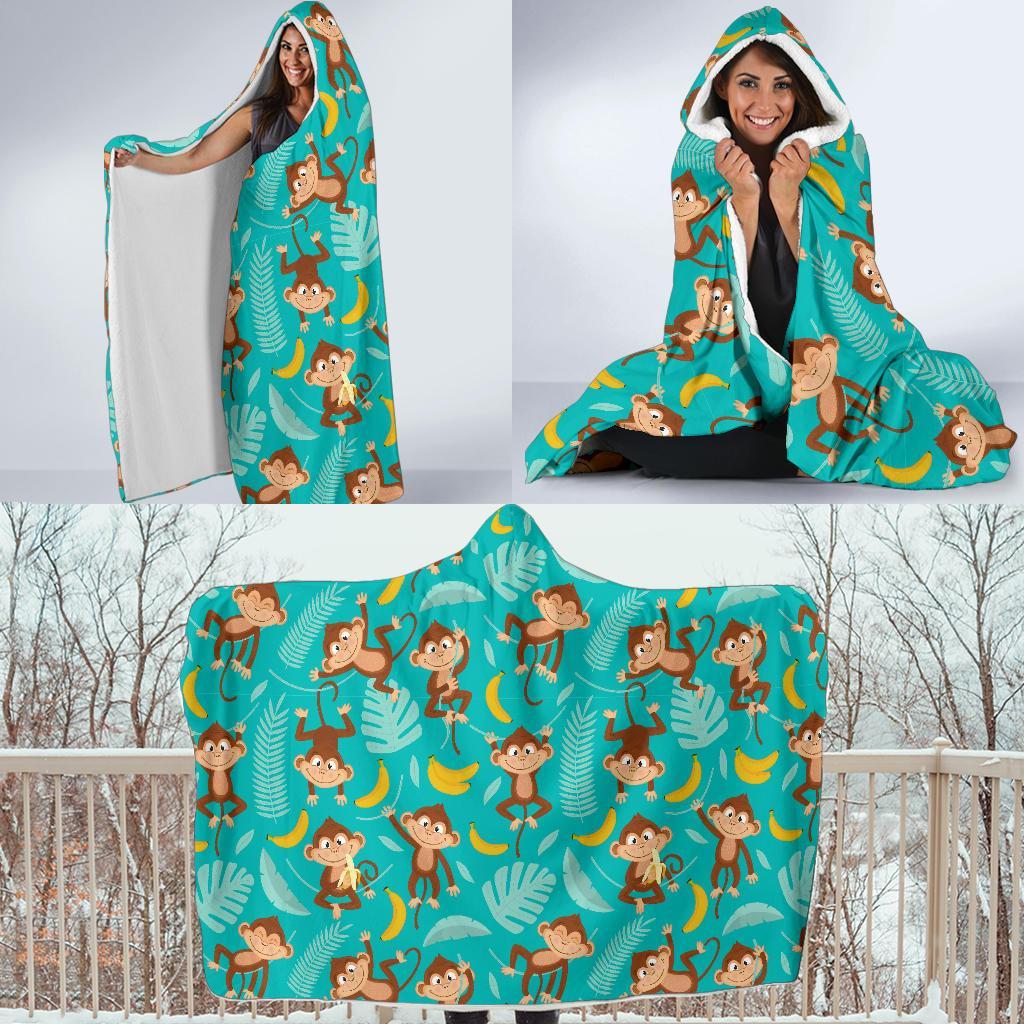 Banana Monkey Pattern Print Hooded Blanket-grizzshop