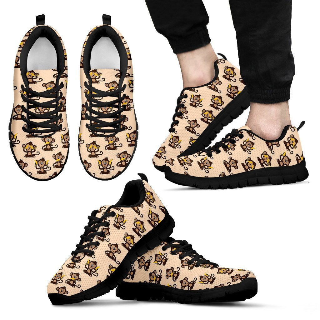 Banana Monkey Print Pattern Black Sneaker Shoes For Men Women-grizzshop