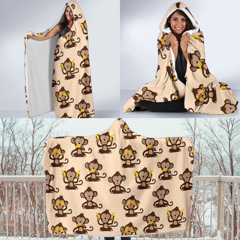 Banana Monkey Print Pattern Hooded Blanket-grizzshop