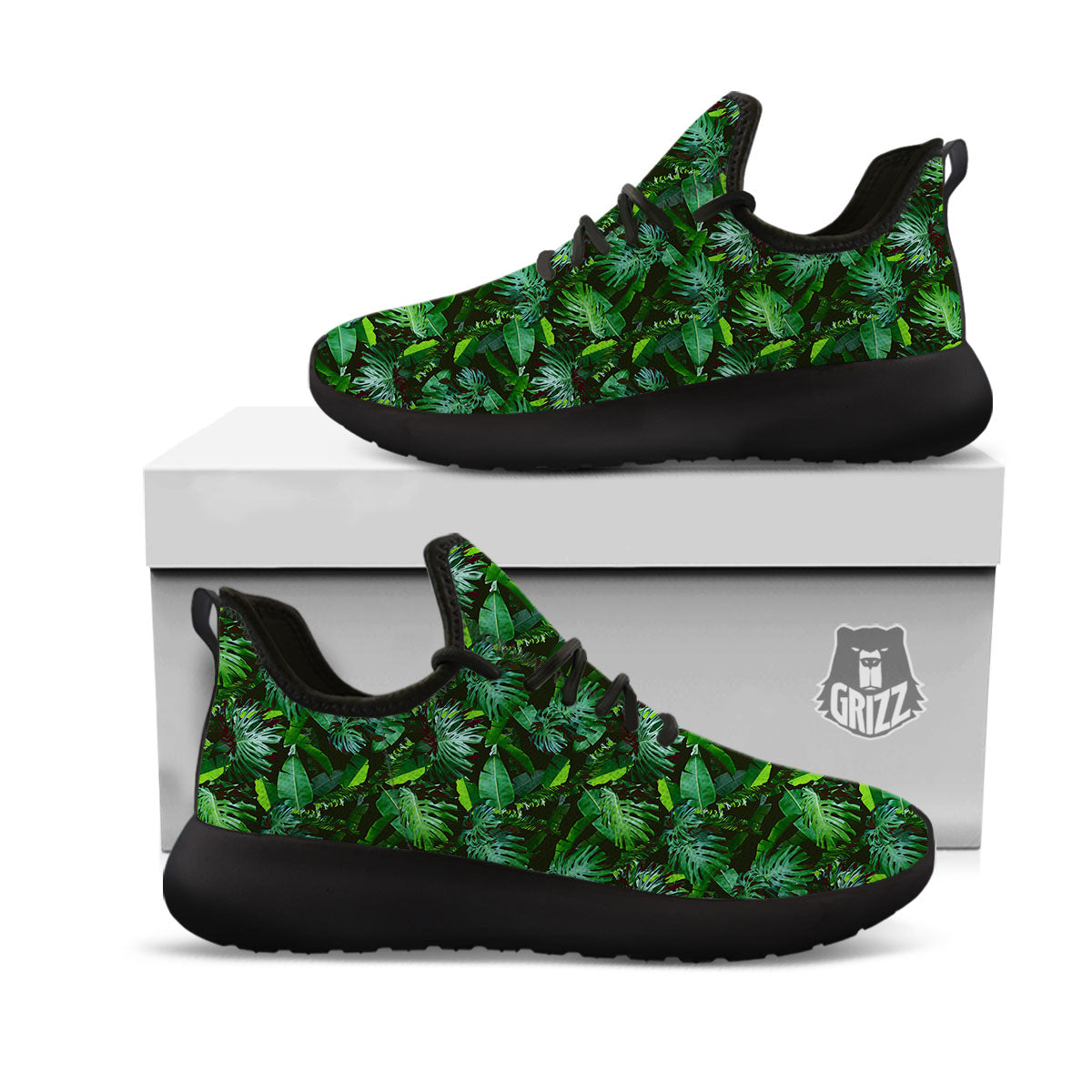 Banana Palm Leaf Green Tropical Print Black Athletic Shoes-grizzshop