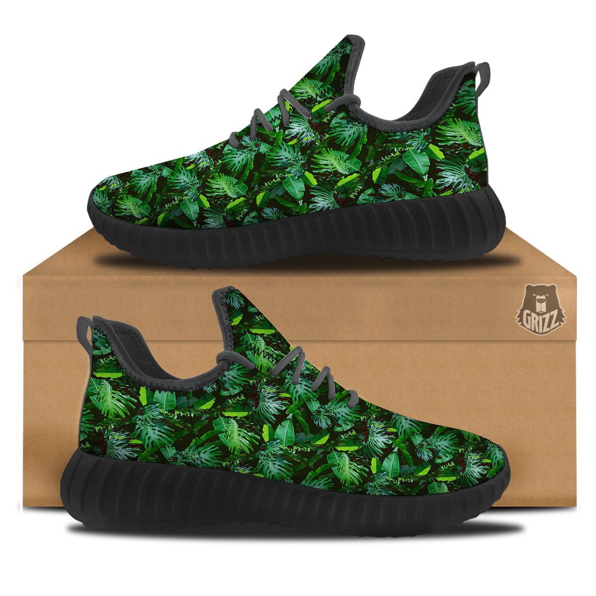 Banana Palm Leaf Green Tropical Print Black Walking Shoes-grizzshop