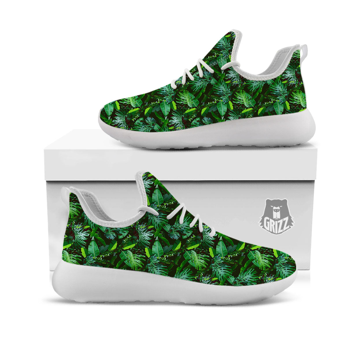 Banana Palm Leaf Green Tropical Print White Athletic Shoes-grizzshop