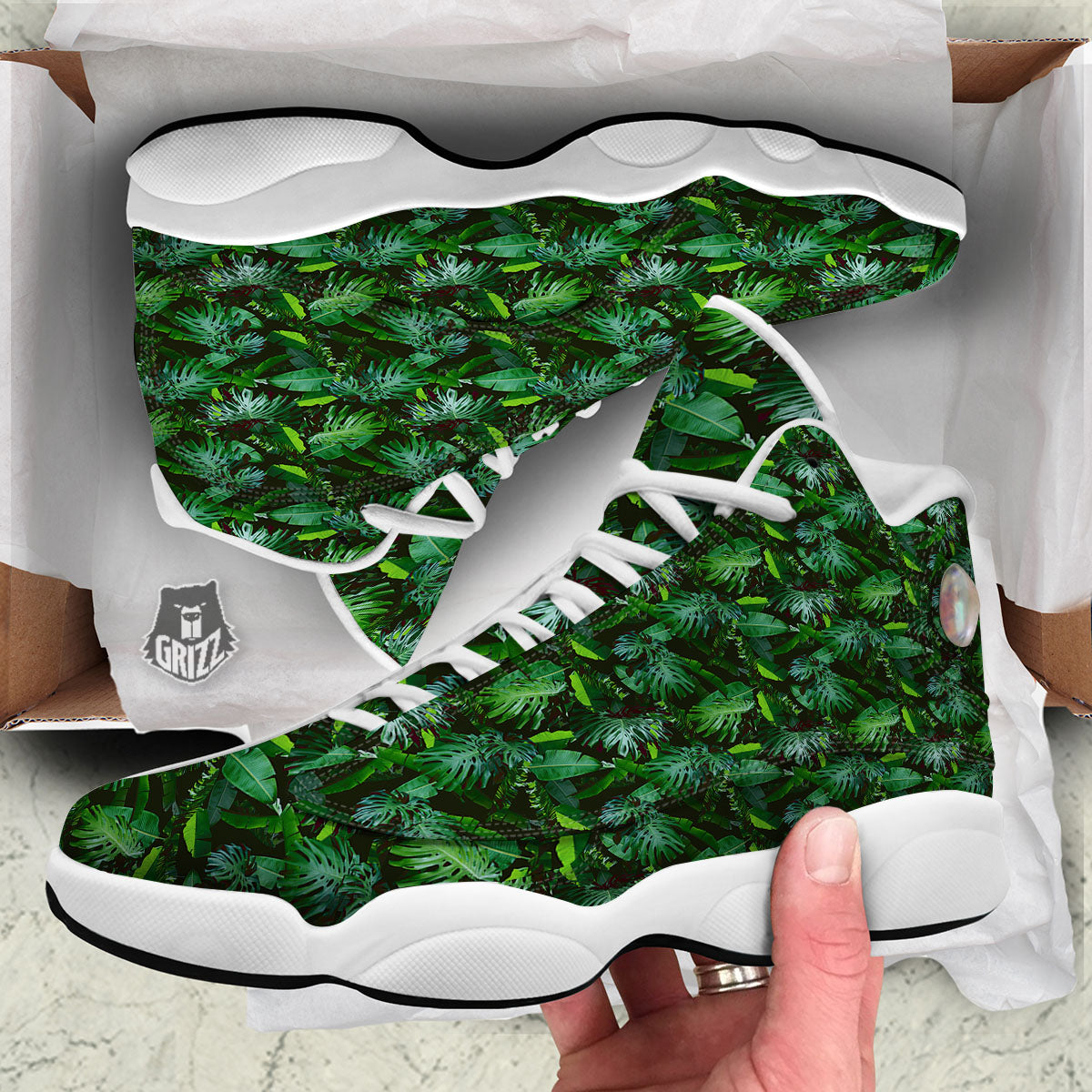 Banana Palm Leaf Green Tropical Print White Basketball Shoes-grizzshop