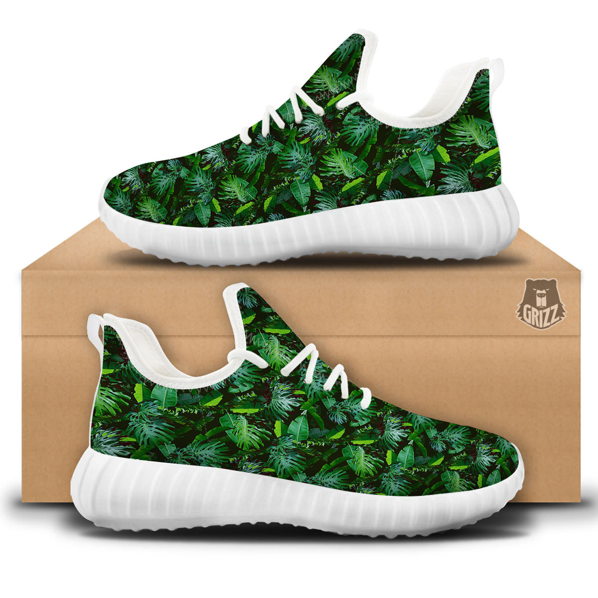 Banana Palm Leaf Green Tropical Print White Walking Shoes-grizzshop