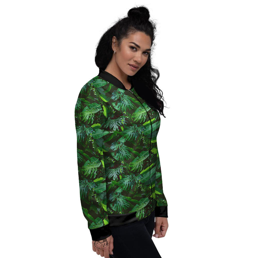 Banana Palm Leaf Green Tropical Print Women's Bomber Jacket-grizzshop