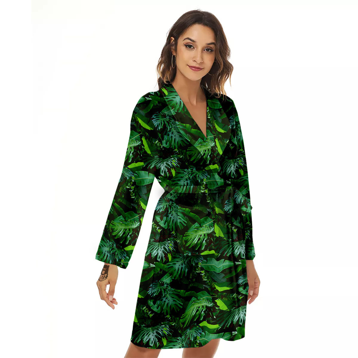 Banana Palm Leaf Green Tropical Print Women's Robe-grizzshop