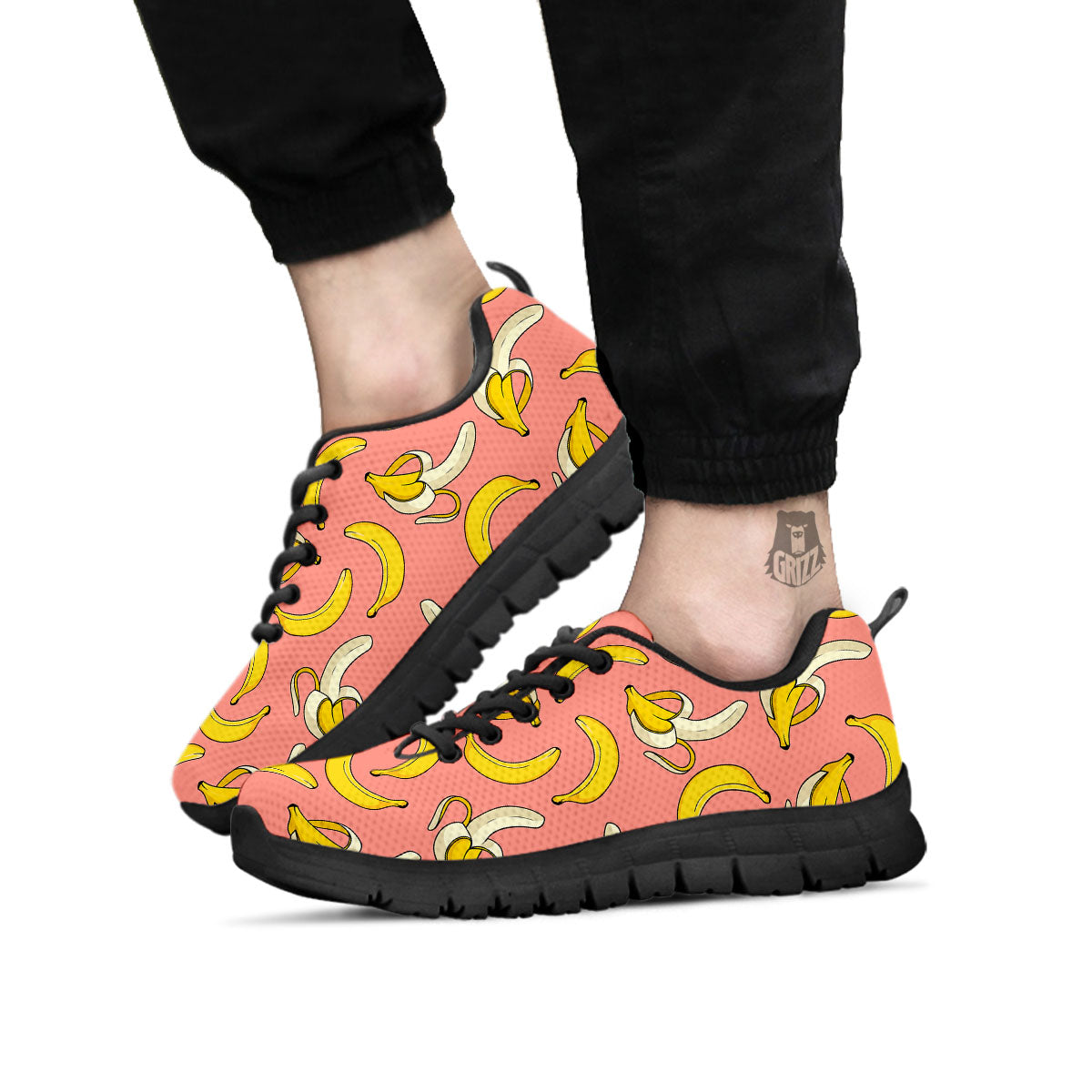 Banana Pink Print Pattern Black Sneaker-grizzshop