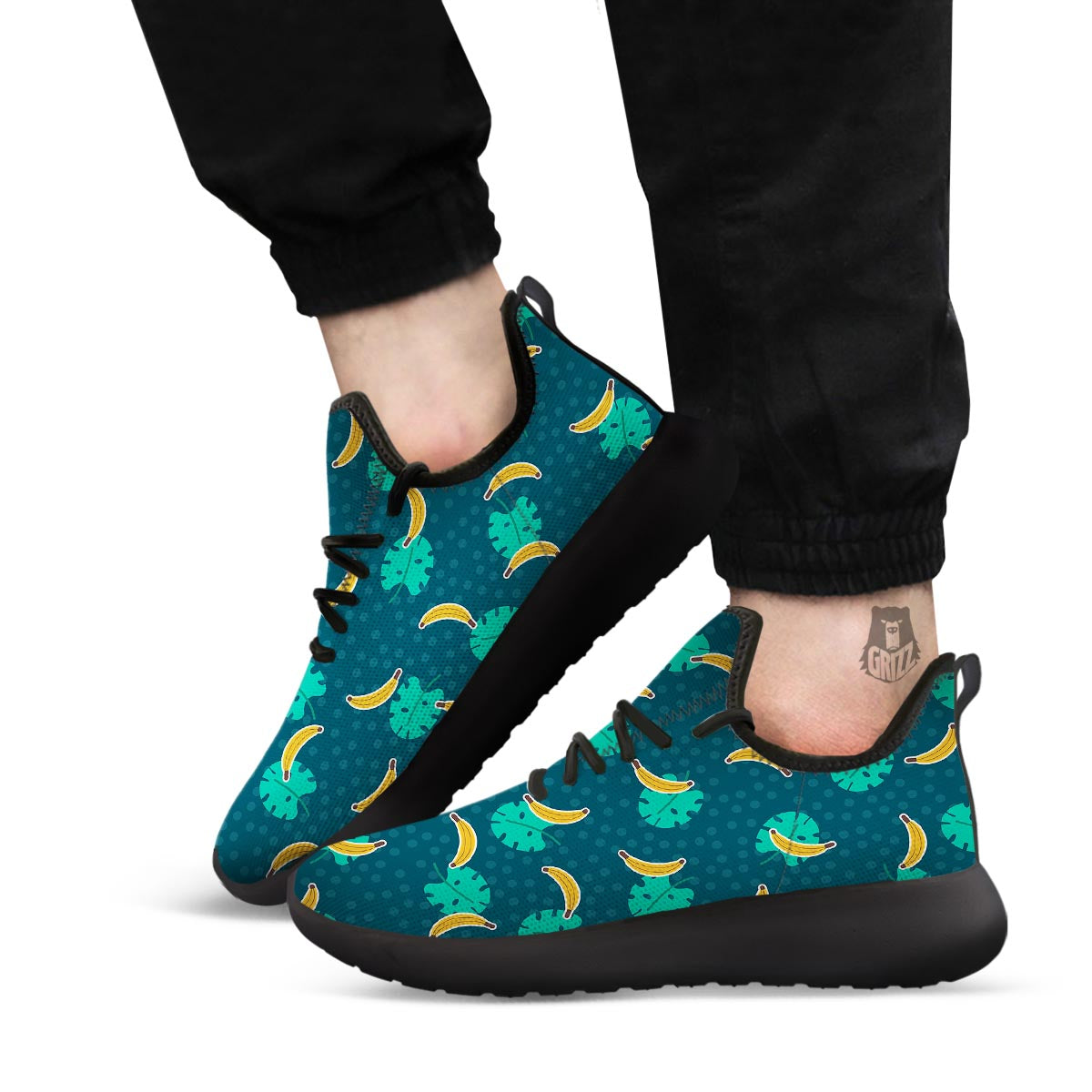 Banana Teal Print Pattern Black Athletic Shoes-grizzshop