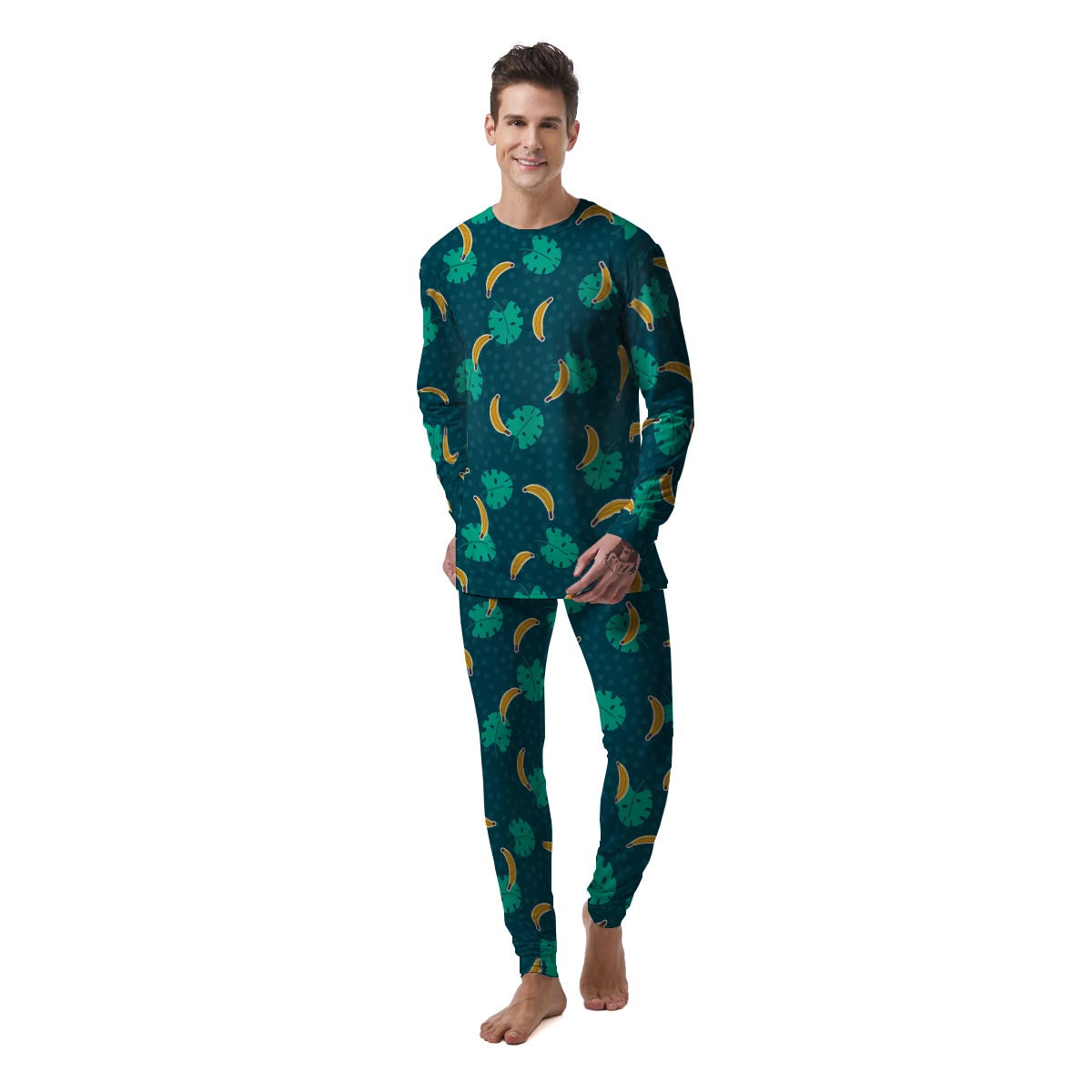 Banana Teal Print Pattern Men's Pajamas-grizzshop