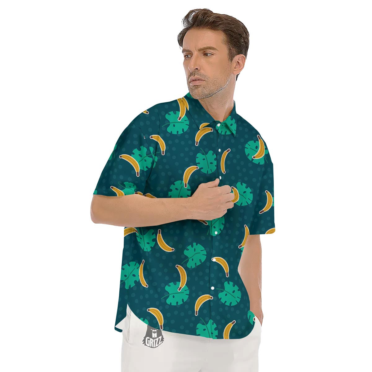 Banana Teal Print Pattern Men's Short Sleeve Shirts-grizzshop