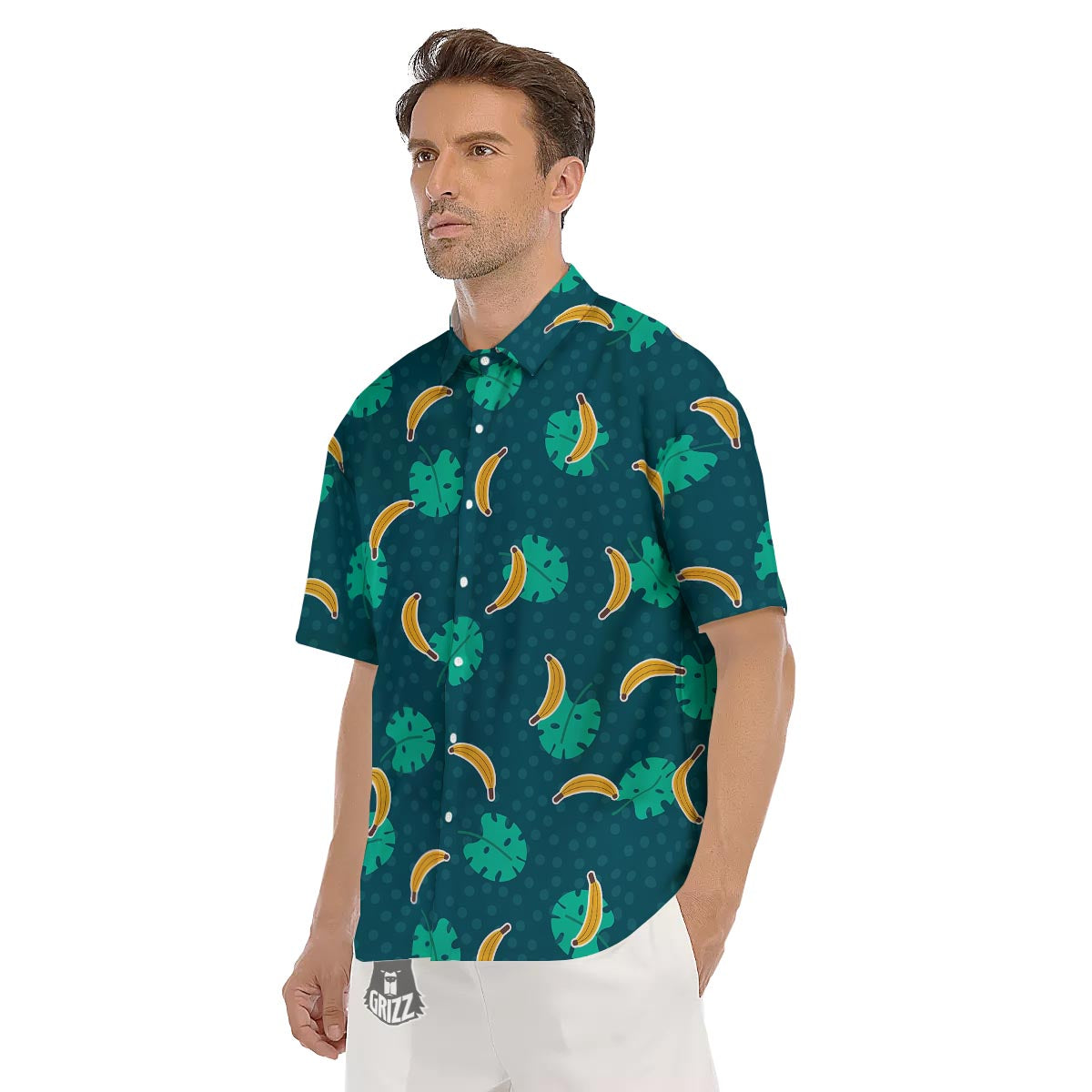 Banana Teal Print Pattern Men's Short Sleeve Shirts-grizzshop