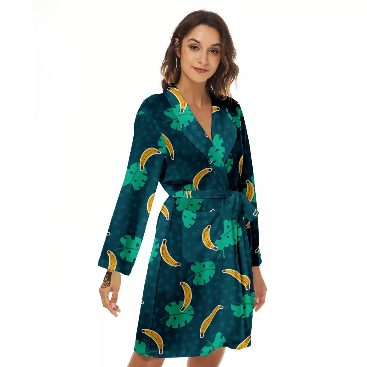 Banana Teal Print Pattern Women's Robe-grizzshop