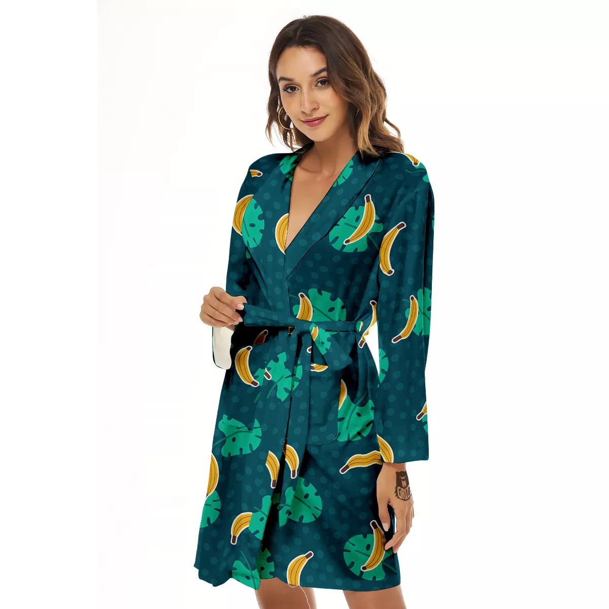 Banana Teal Print Pattern Women's Robe-grizzshop