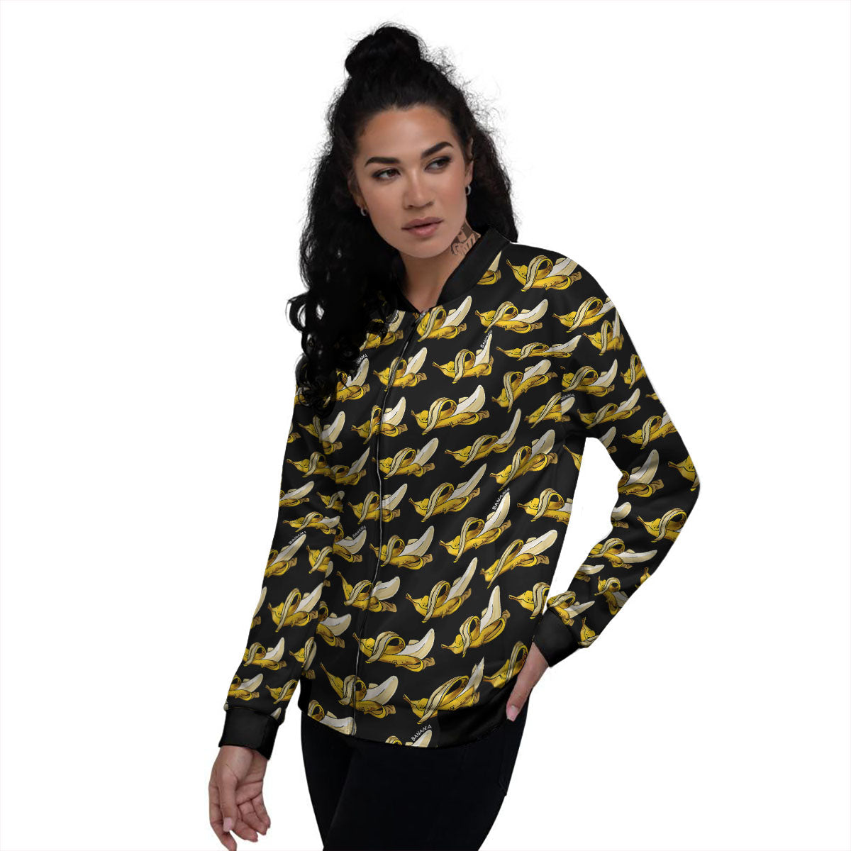 Banana Yellow And Black Print Pattern Women's Bomber Jacket-grizzshop