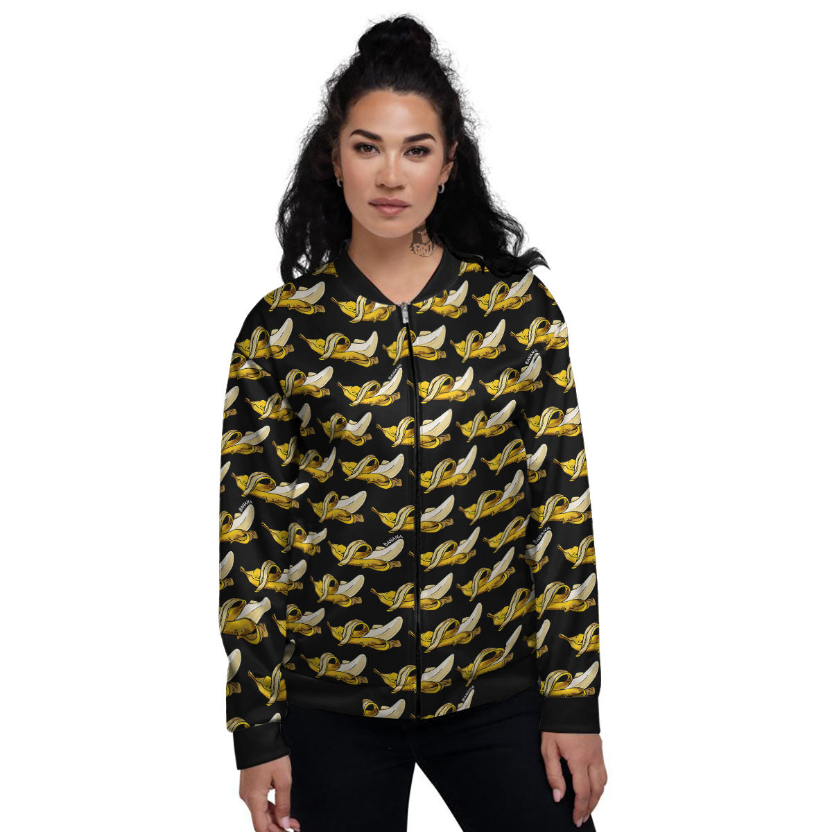 Banana Yellow And Black Print Pattern Women's Bomber Jacket-grizzshop