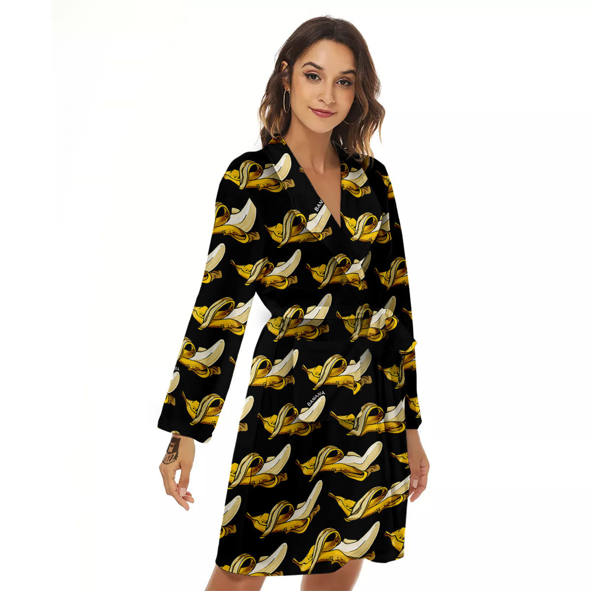 Banana Yellow And Black Print Pattern Women's Robe-grizzshop