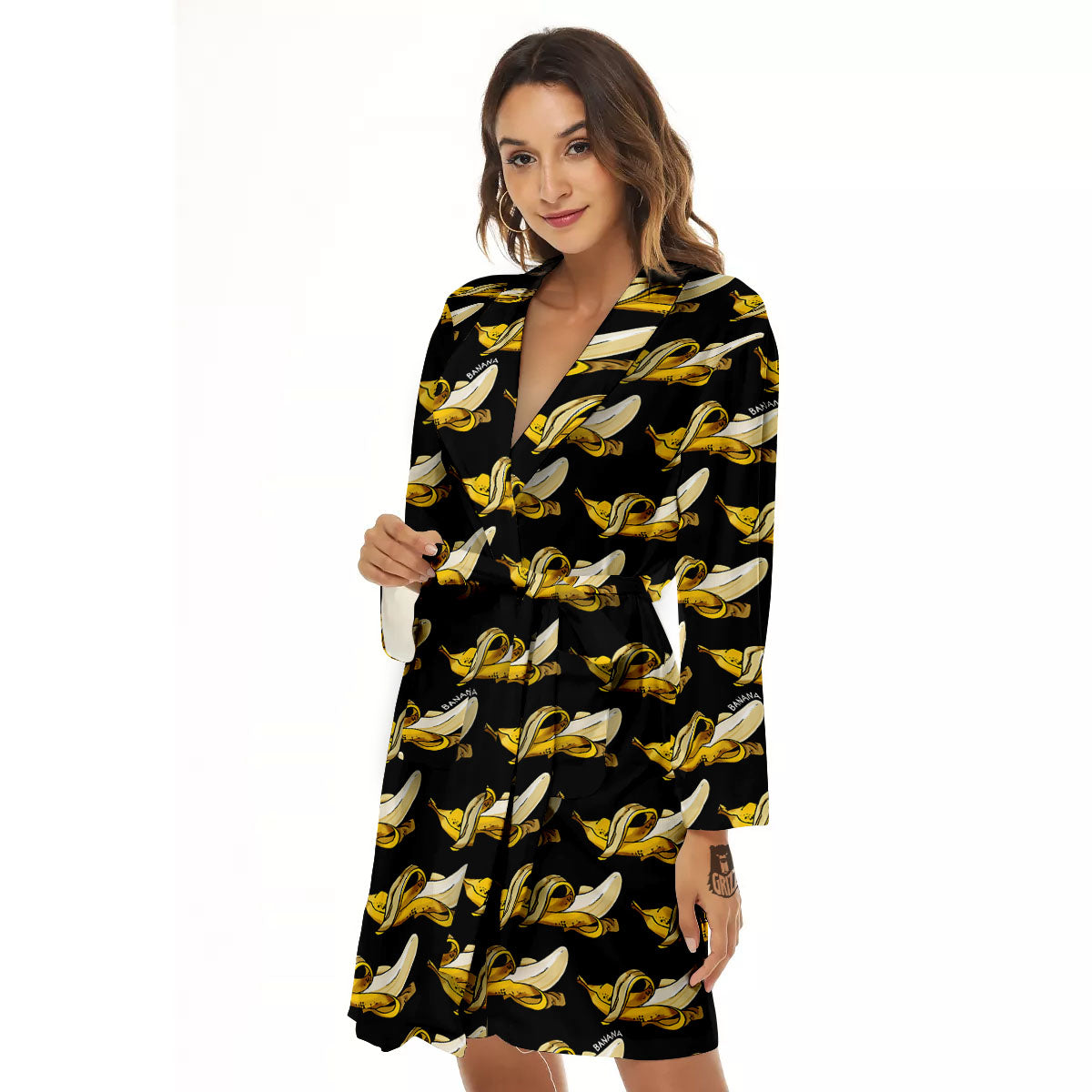 Banana Yellow And Black Print Pattern Women's Robe-grizzshop