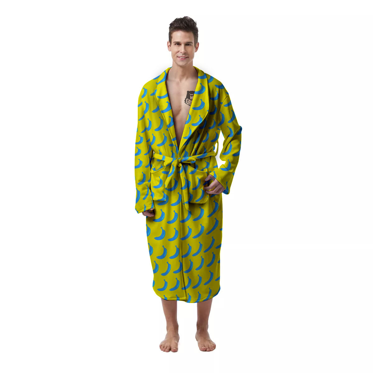 Banana Yellow And Blue Print Pattern Men's Robe-grizzshop
