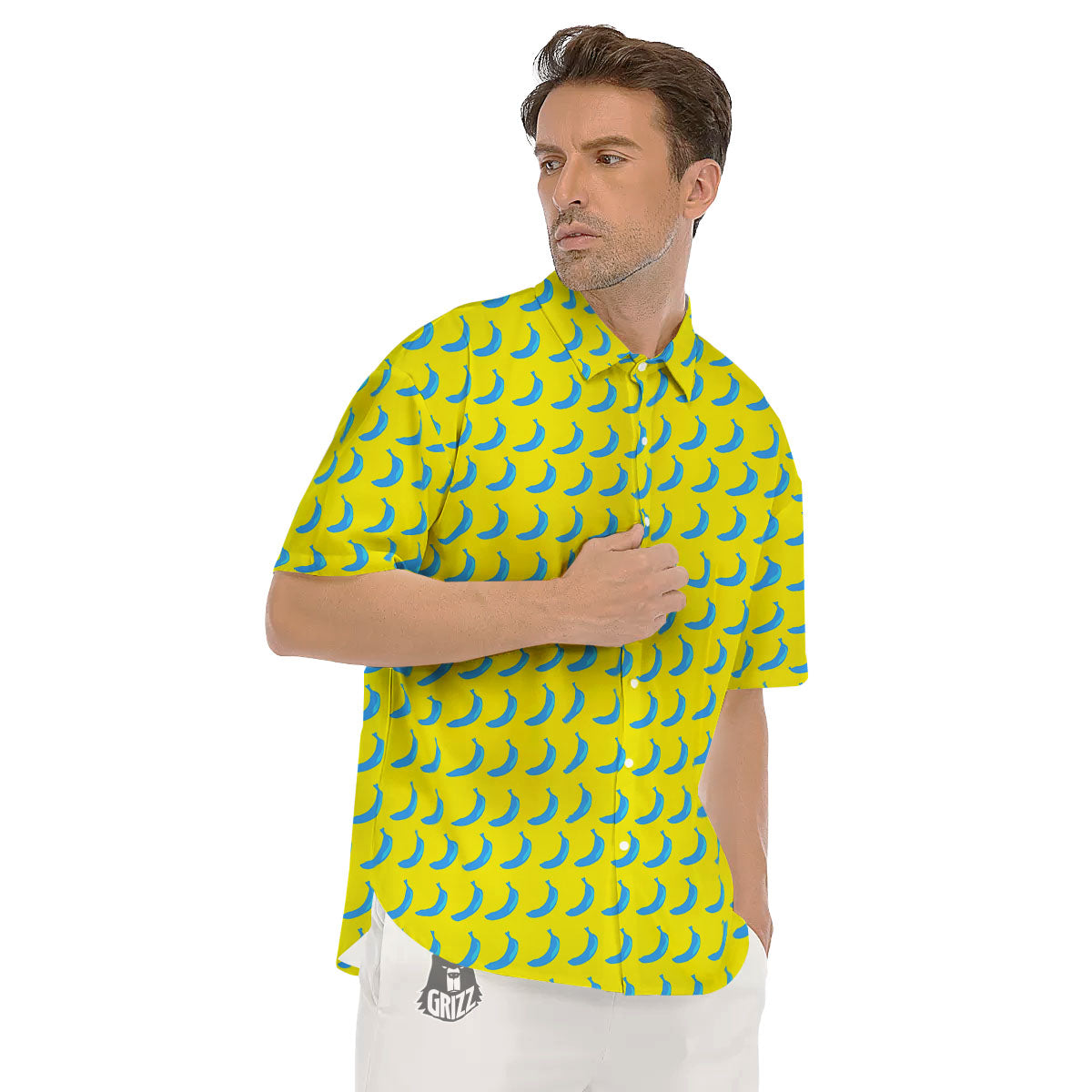 Banana Yellow And Blue Print Pattern Men's Short Sleeve Shirts-grizzshop