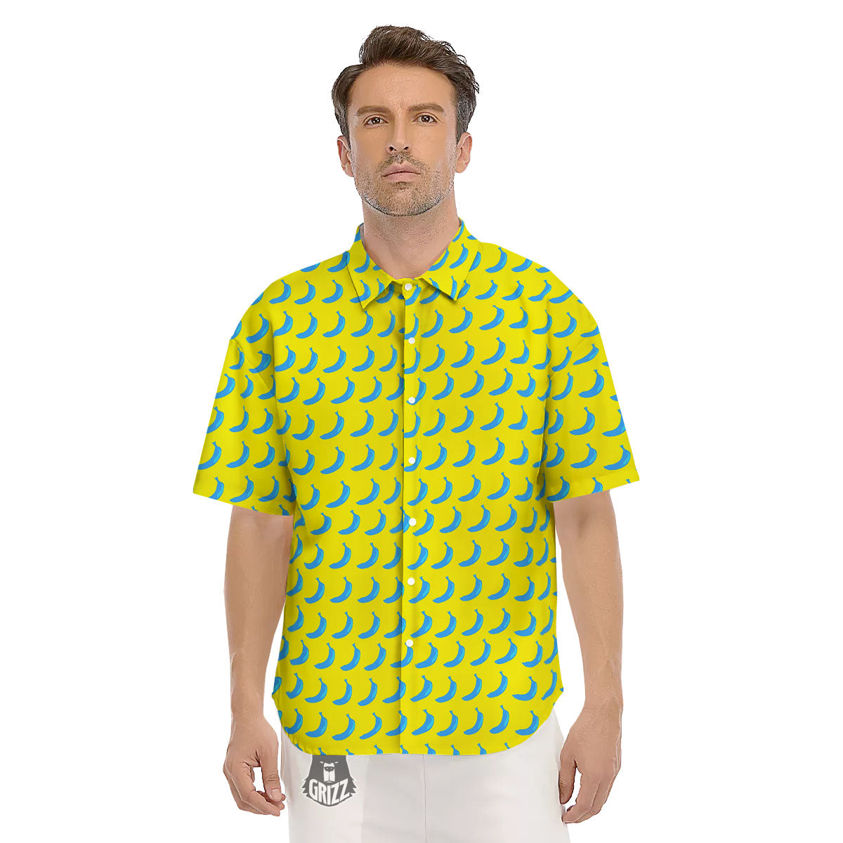 Banana Yellow And Blue Print Pattern Men's Short Sleeve Shirts-grizzshop