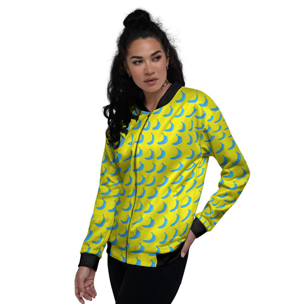 Banana Yellow And Blue Print Pattern Women's Bomber Jacket-grizzshop