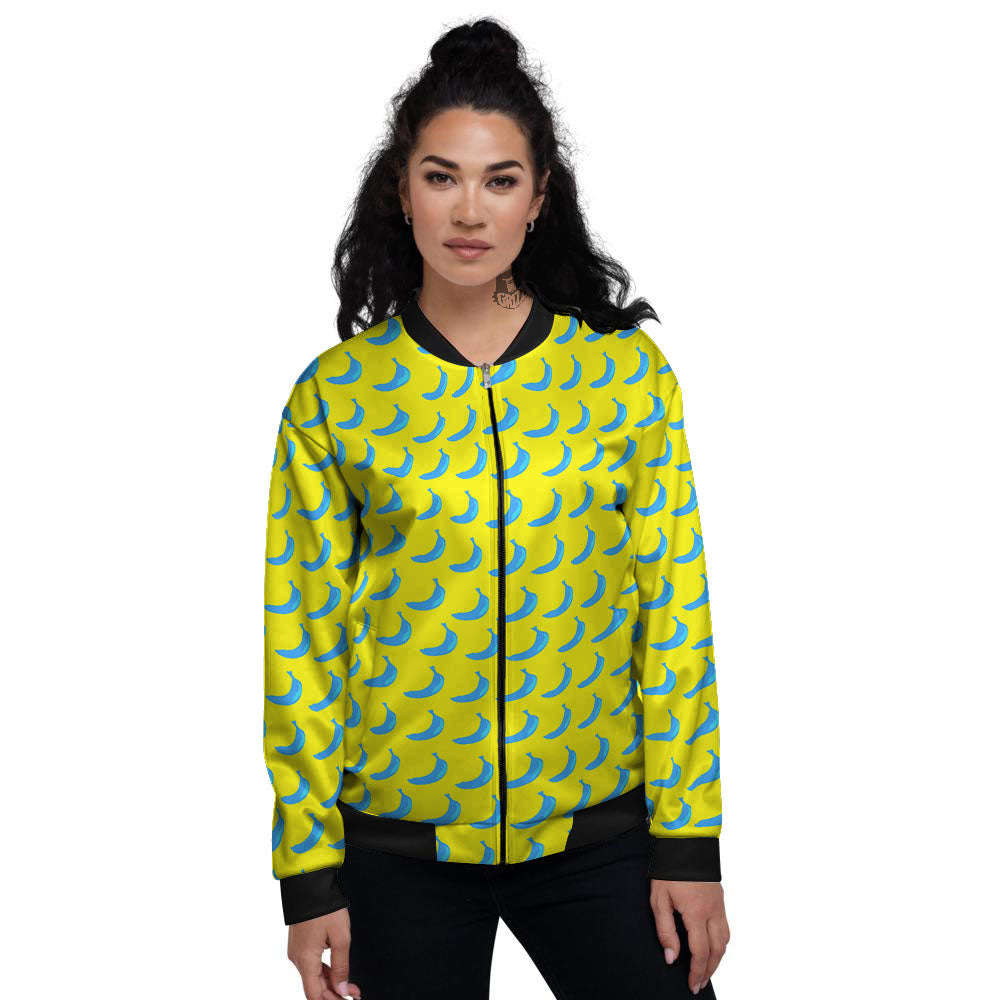 Banana Yellow And Blue Print Pattern Women's Bomber Jacket-grizzshop