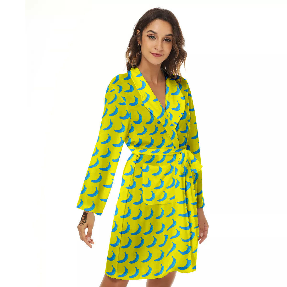 Banana Yellow And Blue Print Pattern Women's Robe-grizzshop