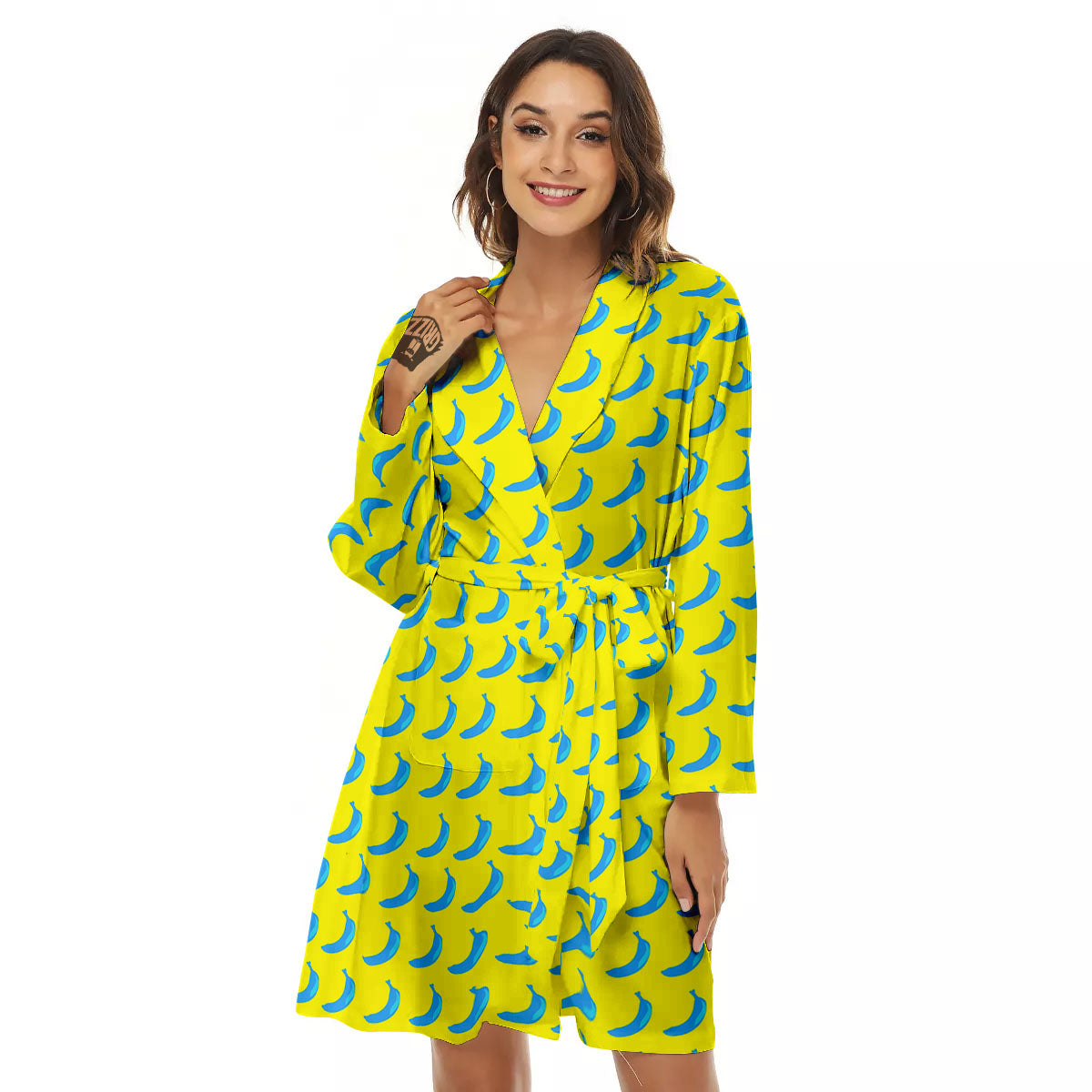 Banana Yellow And Blue Print Pattern Women's Robe-grizzshop
