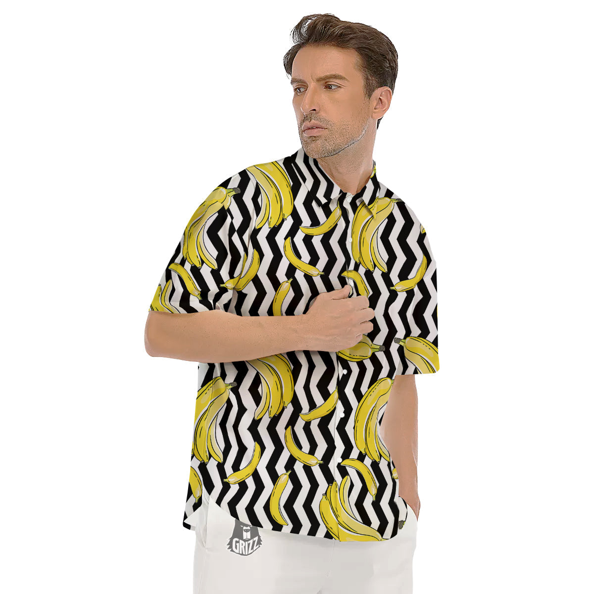 Banana Zigzag Print Pattern Men's Short Sleeve Shirts-grizzshop