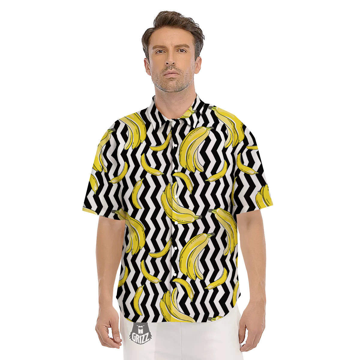 Banana Zigzag Print Pattern Men's Short Sleeve Shirts-grizzshop