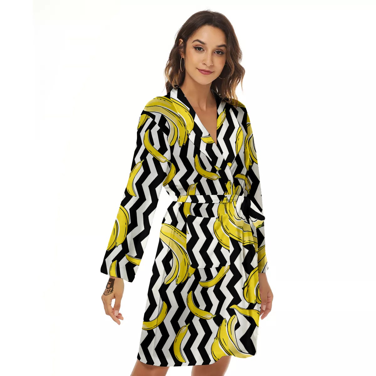 Banana Zigzag Print Pattern Women's Robe-grizzshop